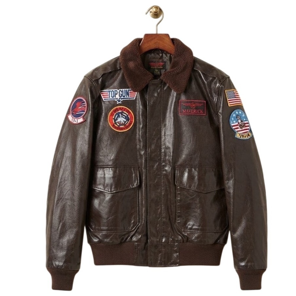 Top Gun Maverick Brown Faux Leather Flight Jacket Sherpa Collar Patches Small